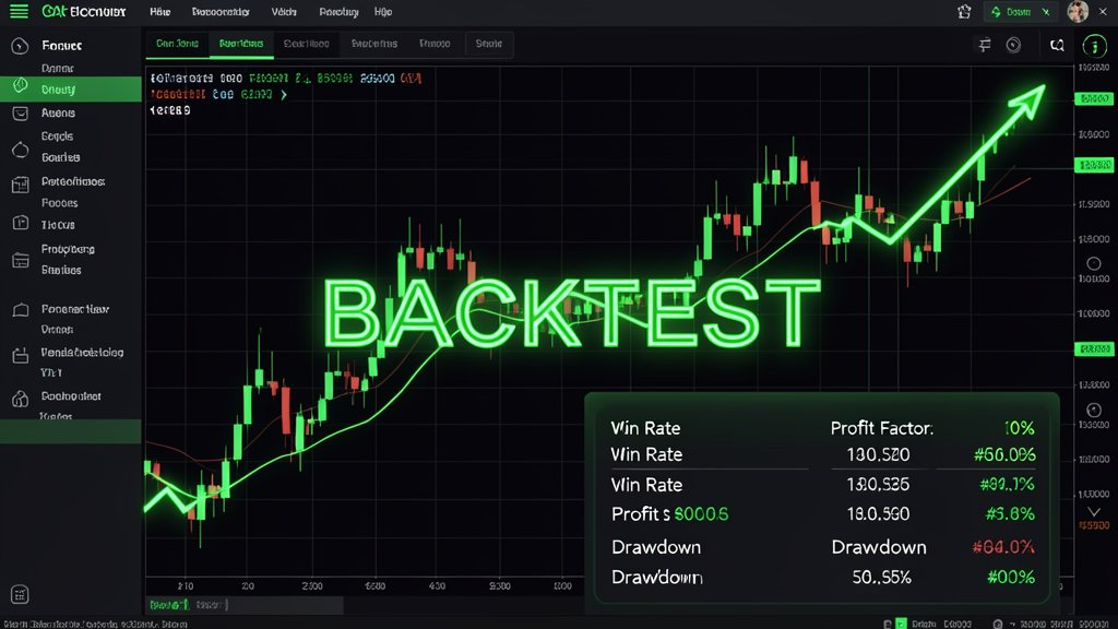 Forex backtesting dashboard with green trend lines and backtesting metrics overlay on a dark terminal-themed interface