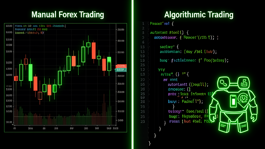 Split-screen comparison of manual forex trading vs algorithmic trading on a dark terminal-themed interface with green neon accents