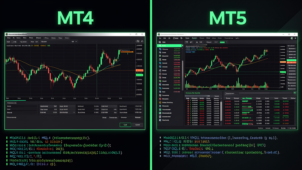 Split-screen comparison of MT4 and MT5 trading platform interfaces side by side with dark terminal theme