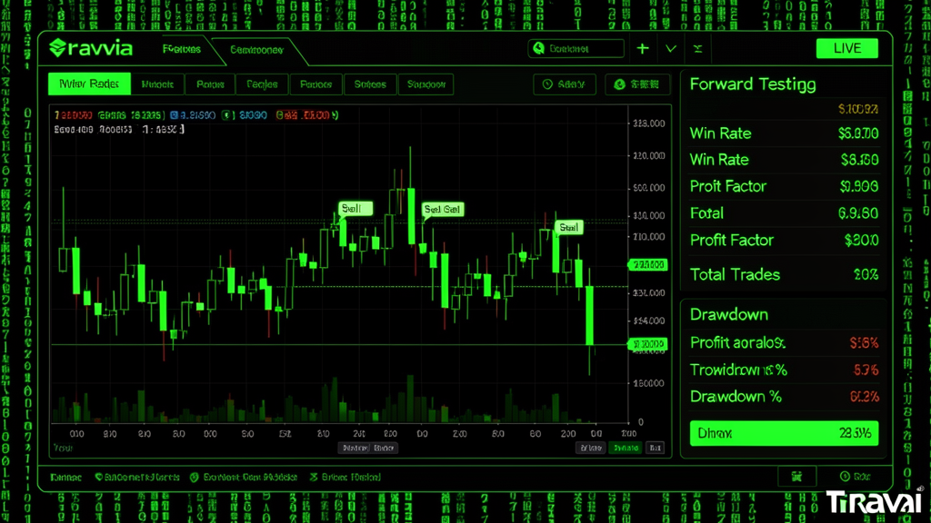Travia forward-testing dashboard showing live market data, real-time candlestick charts, and trading metrics with green neon terminal aesthetic