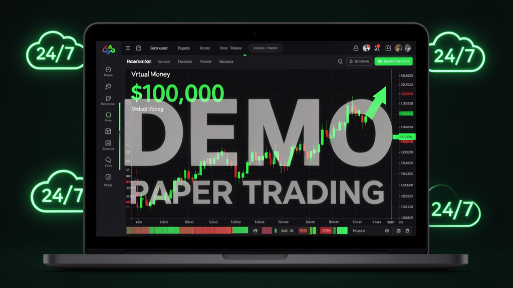 Laptop showing forex paper trading platform with DEMO overlay, virtual balance, and green upward chart on dark terminal theme